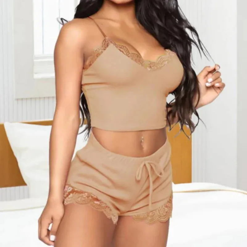 Trendy Lace Sleeveless Pajama Crop Top And Bottom Set