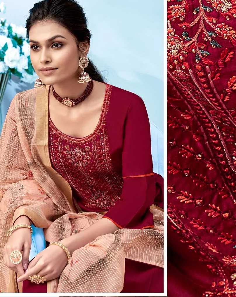 Women Dark Red Cotton Unstitched Suit Material with Embroidery