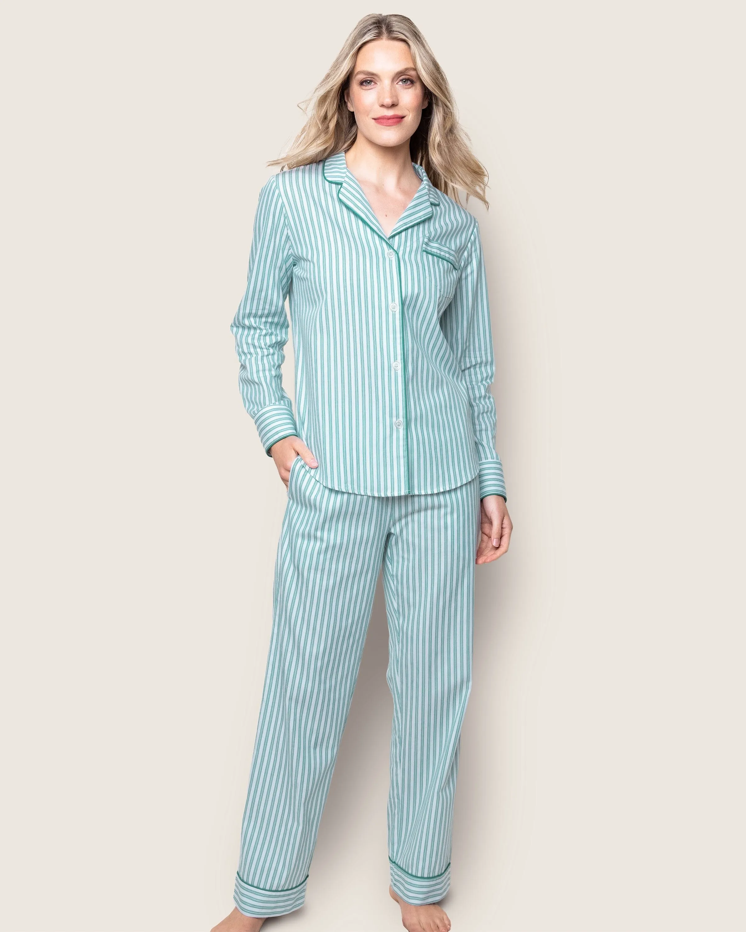 Women's Twill Pajama Set | Emerald Ticking